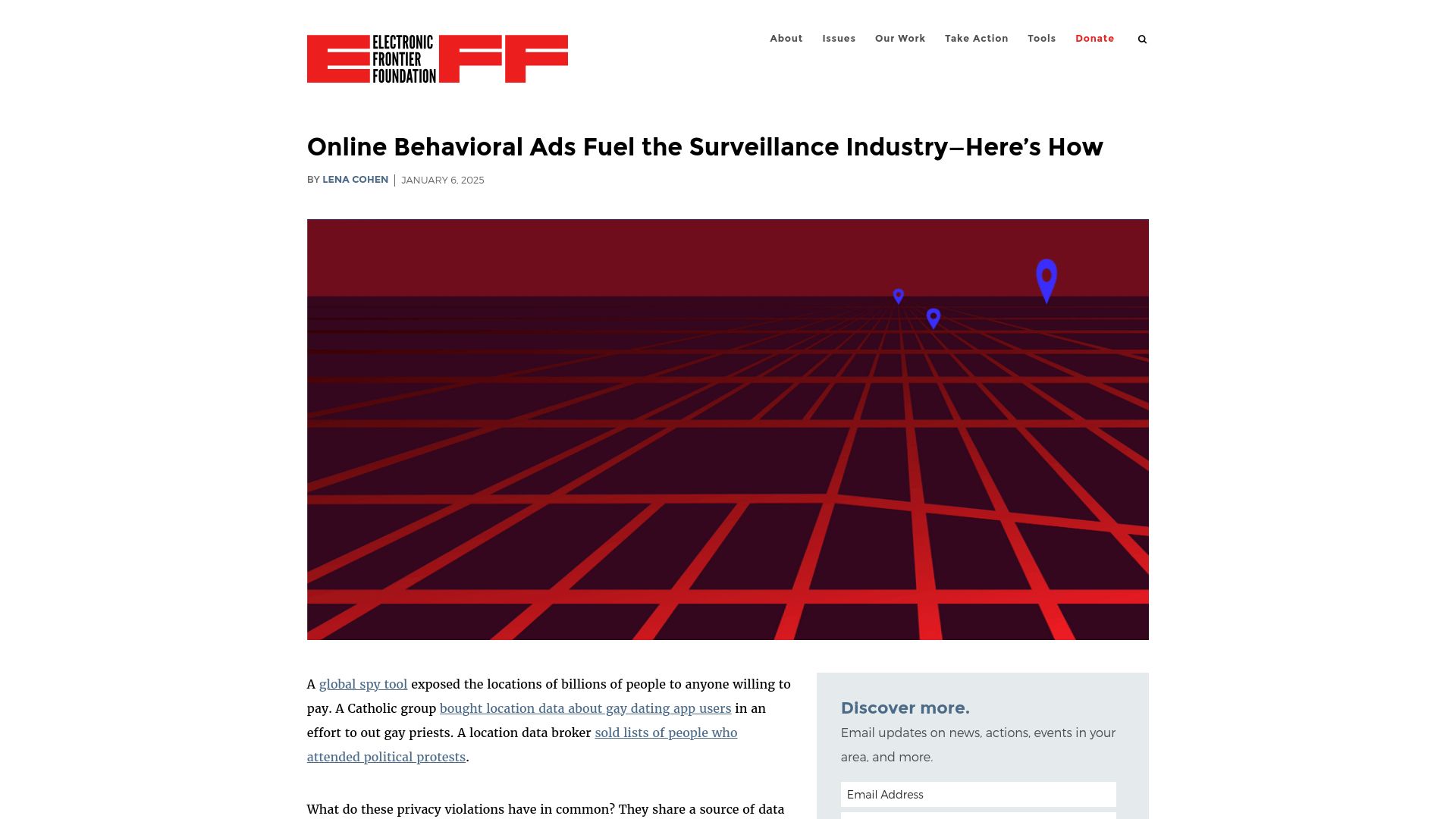 Screenshot of eff.org: Online Behavioral Ads Fuel the Surveillance Industry