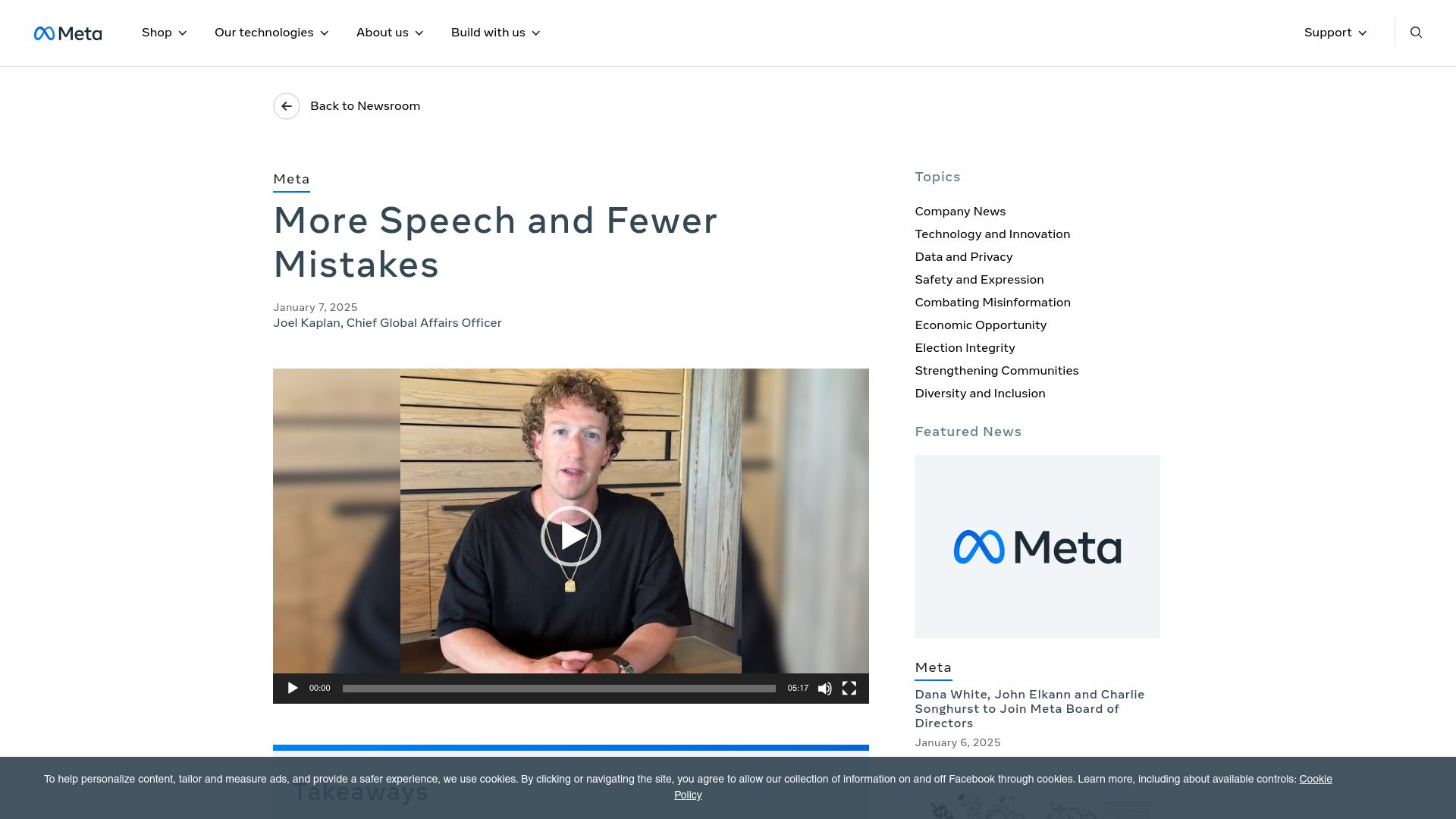 Screenshot of about.fb.com: Ending our third party fact-checking program and moving to Community Notes model