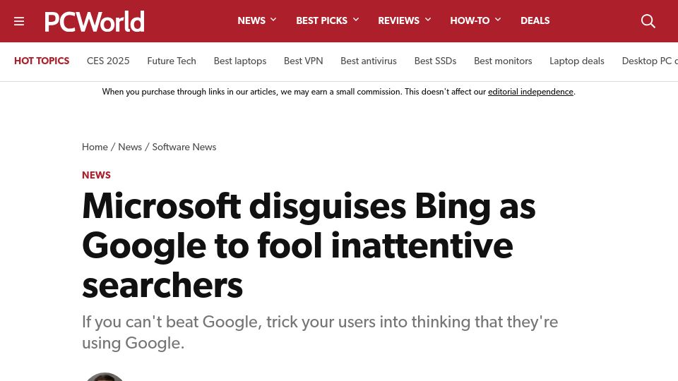 Screenshot of pcworld.com: Microsoft disguises Bing as Google to fool inattentive searchers