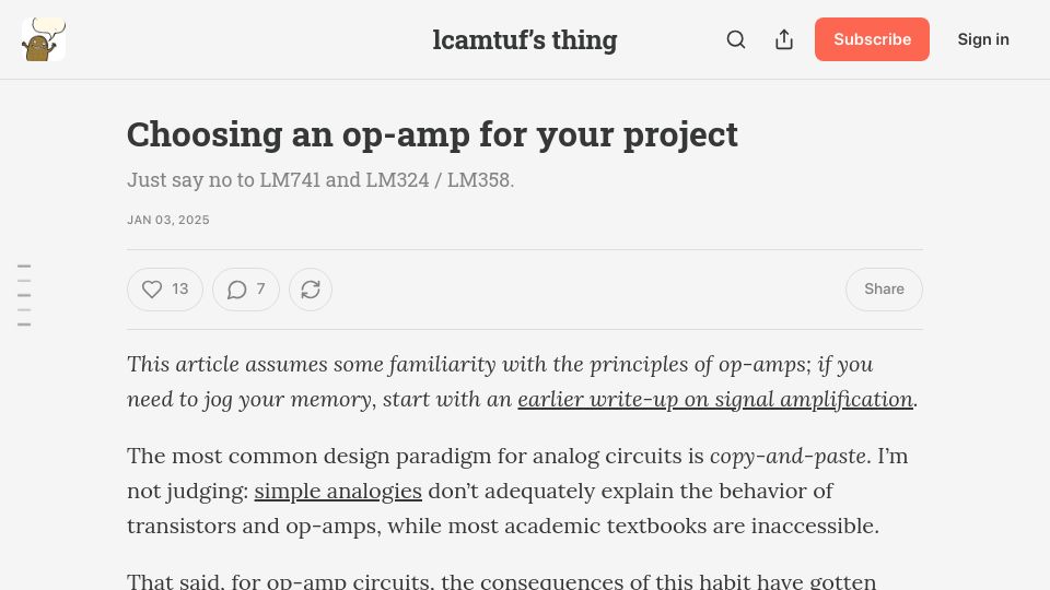 Screenshot of lcamtuf.substack.com: Choosing an op-amp for your project