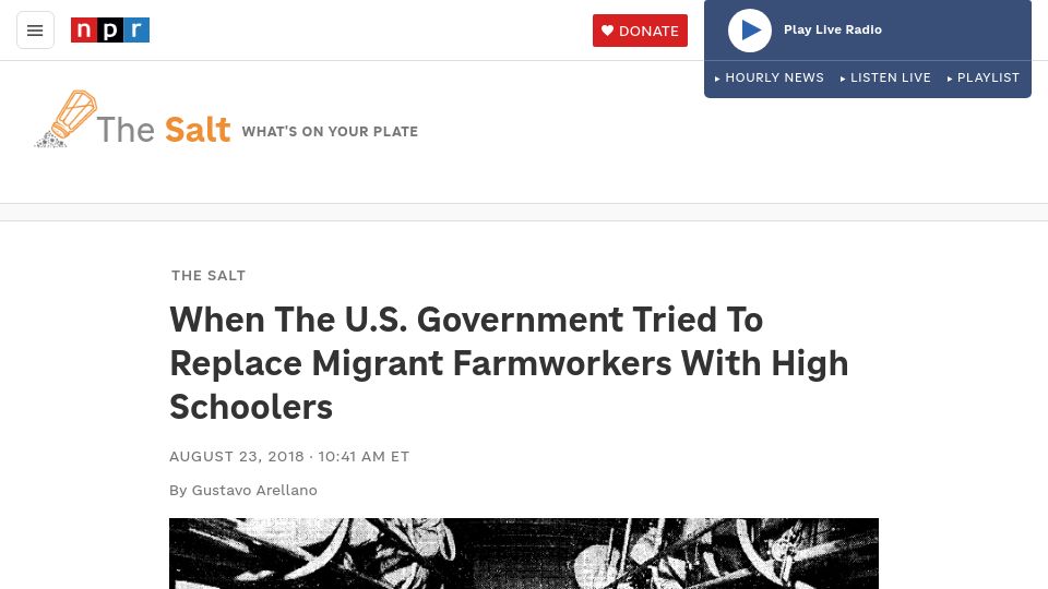 Screenshot of npr.org: The U.S. Government Tried Replacing Migrant Farmworkers with Teenagers (2018)