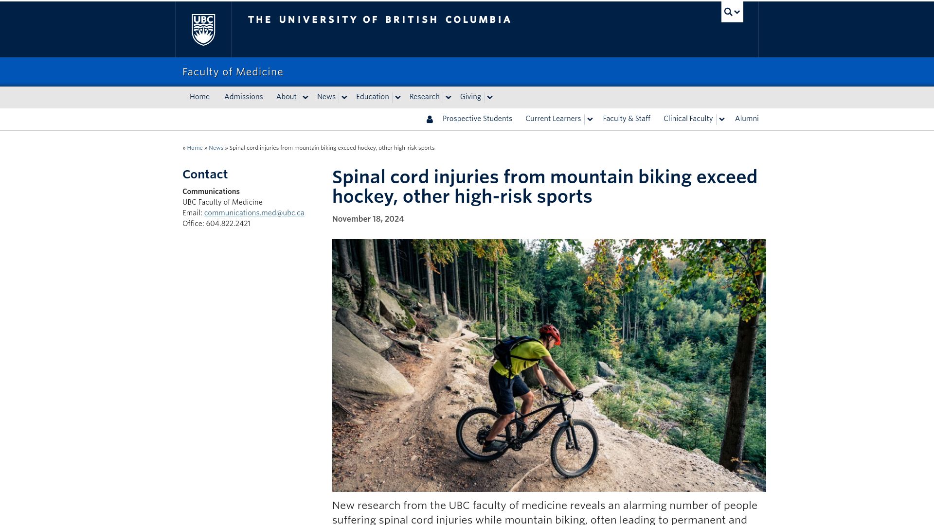 Screenshot of med.ubc.ca: Spinal cord injuries from mountain biking exceed hockey, other high-risk sports