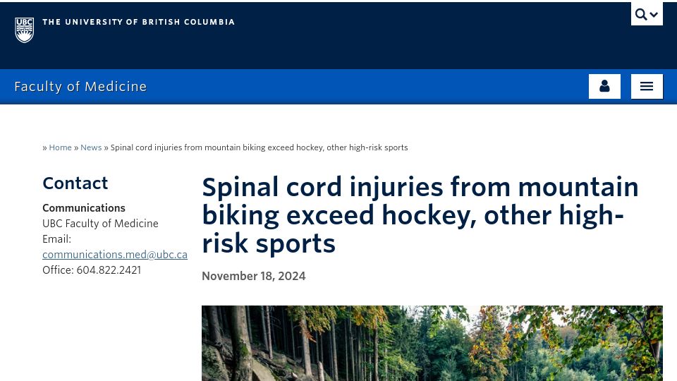 Screenshot of med.ubc.ca: Spinal cord injuries from mountain biking exceed hockey, other high-risk sports