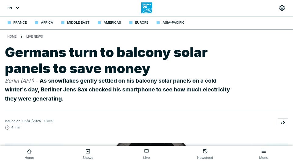 Screenshot of france24.com: Germans turn to balcony solar panels to save money