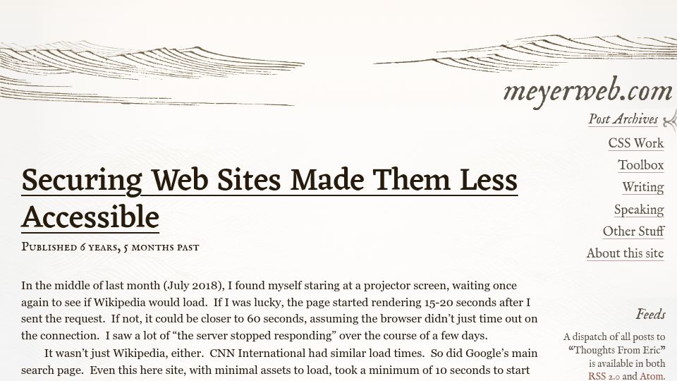 Screenshot of meyerweb.com: Securing Web Sites Made Them Less Accessible