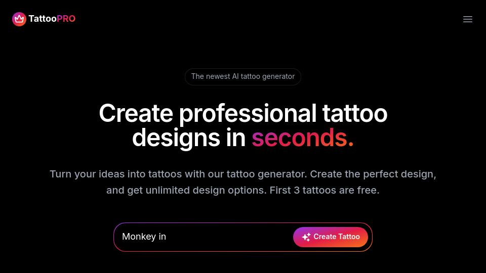 Screenshot of tattoopro.ai: Show HN: I Built an AI Tattoo Generator Using Flux