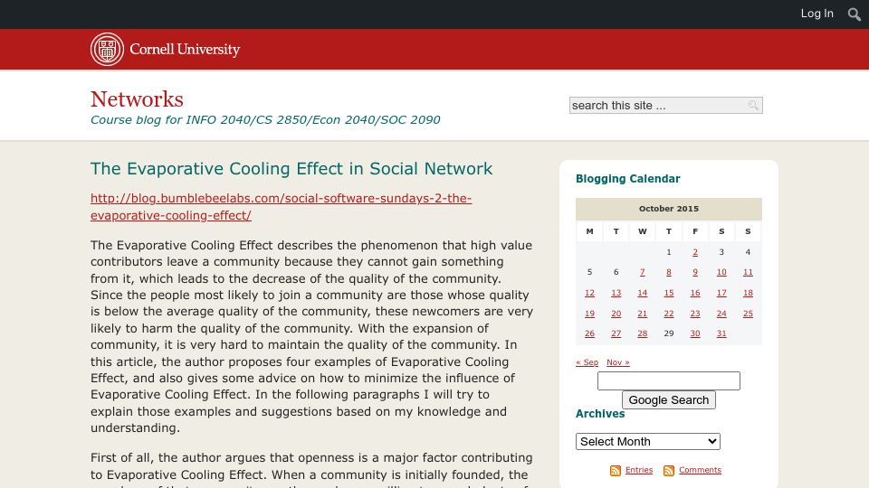 Screenshot of blogs.cornell.edu: The Evaporative Cooling Effect in Social Networks (2010)