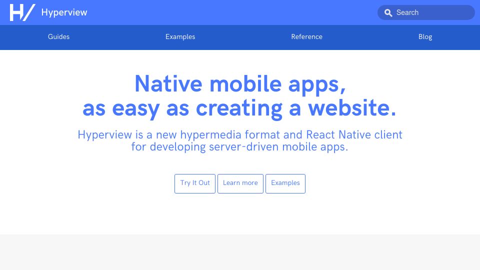 Screenshot of hyperview.org: Hyperview – Native mobile apps, as easy as creating a website