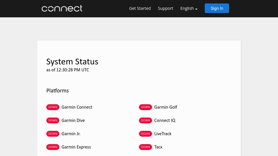 Screenshot of connect.garmin.com: All Garmin Connect services are down