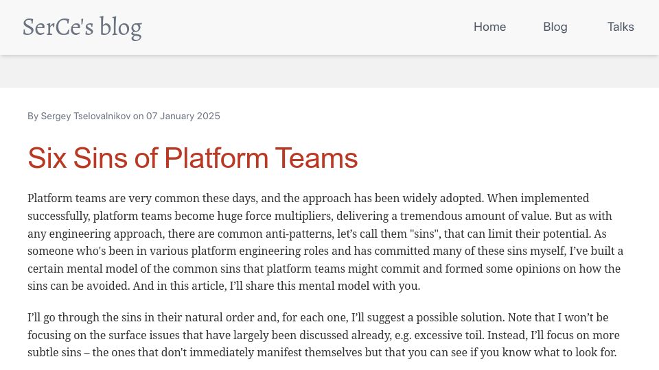 Screenshot of serce.me: Six Sins of Platform Teams
