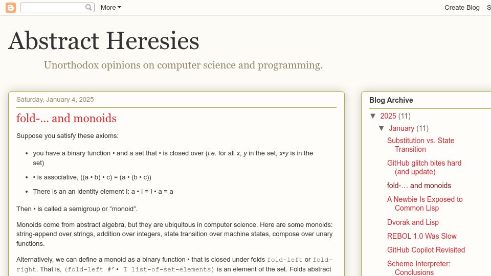 Screenshot of funcall.blogspot.com: Fold-... and Monoids