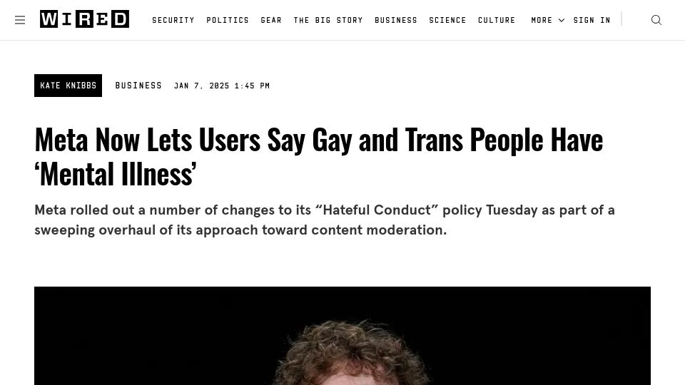 Screenshot of wired.com: Meta Now Lets Users Say Gay and Trans People Have 'Mental Illness'