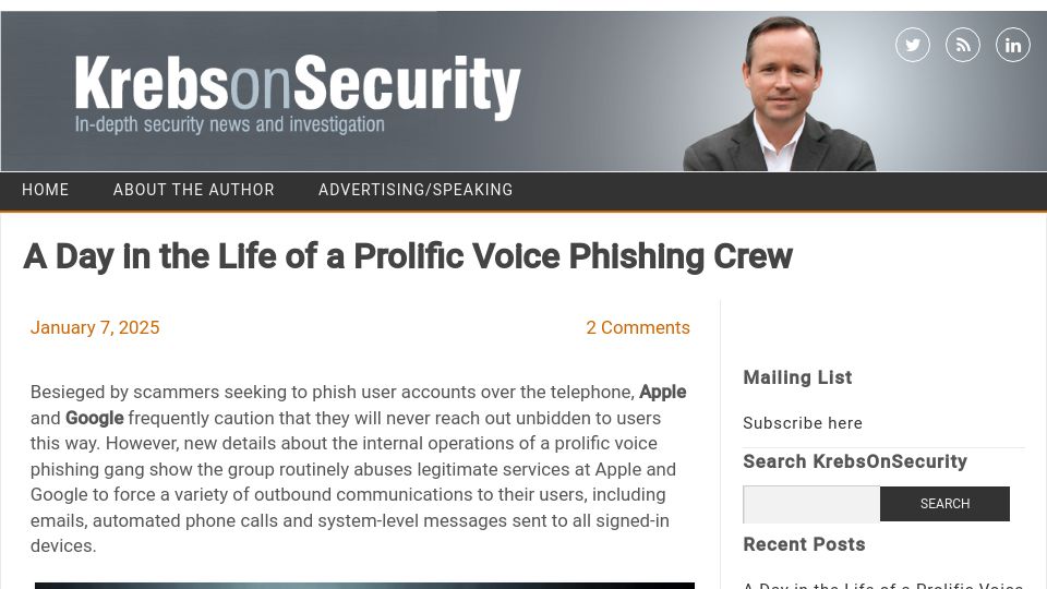 Screenshot of krebsonsecurity.com: A day in the life of a prolific voice phishing crew