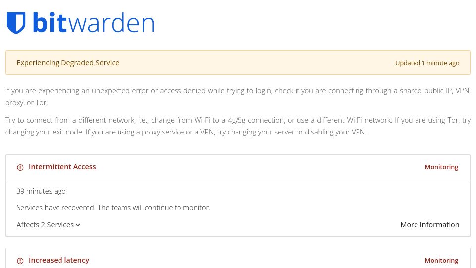 Screenshot of status.bitwarden.com: Bitwarden Was Down