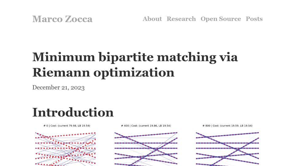 Screenshot of ocramz.github.io: Minimum bipartite matching via Riemann optimization (2023)
