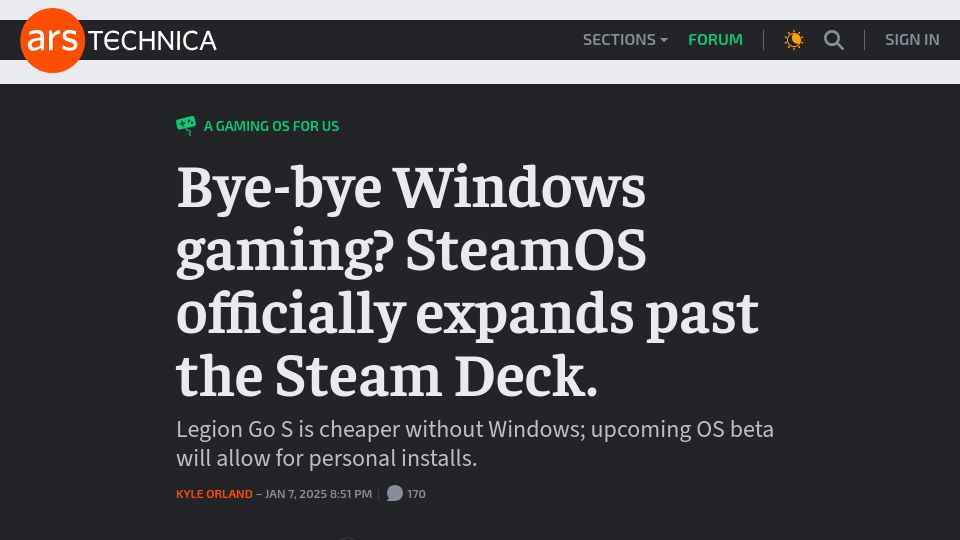 Screenshot of arstechnica.com: Bye-bye Windows gaming? SteamOS officially expands past the Steam Deck