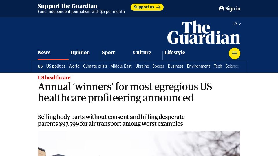 Screenshot of theguardian.com: Annual 'winners' for most egregious US healthcare profiteering announced