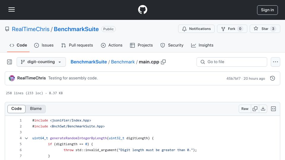 Screenshot of github.com: Optimizing uint64_t Digit Counting: A Method that Beats Lemire's by up to 143%
