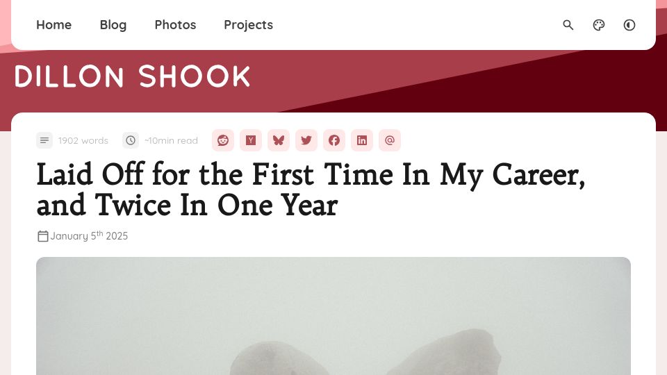 Screenshot of dillonshook.com: Laid off for the first time in my career, and twice in one year
