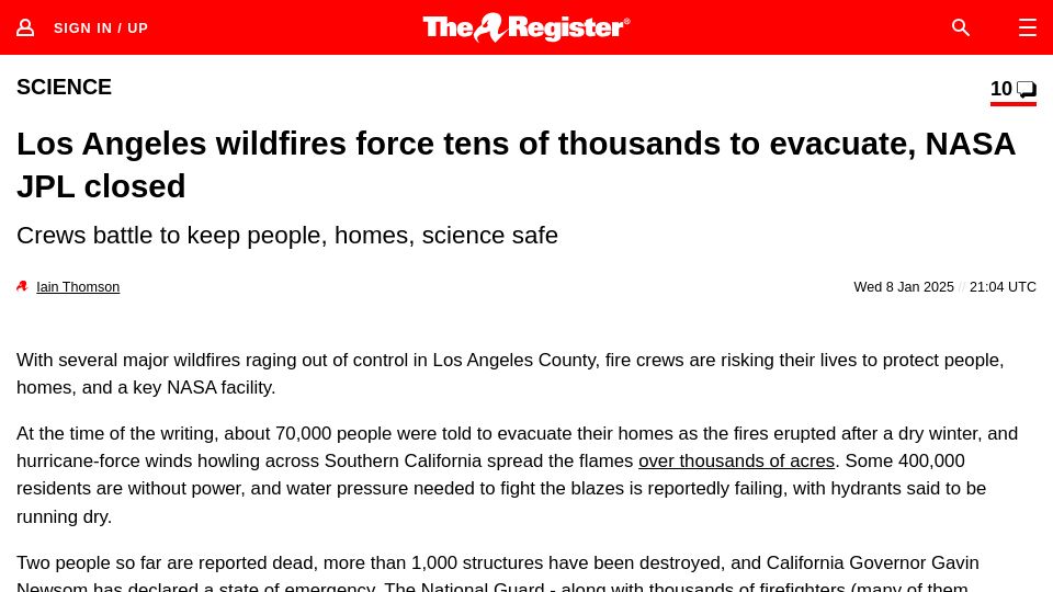 Screenshot of theregister.com: LA wildfires force thousands to evacuate, NASA JPL closed