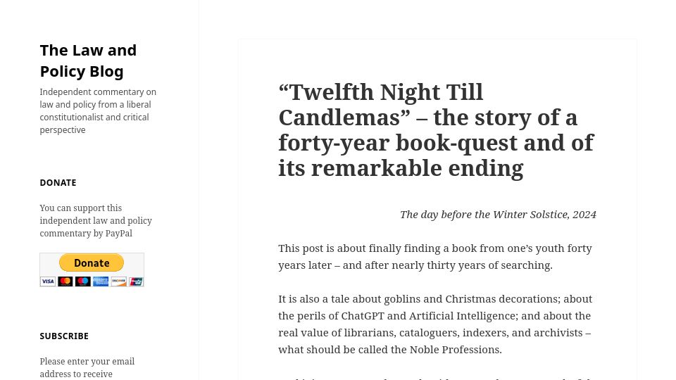 Screenshot of davidallengreen.com: "Twelfth Night Till Candlemas" – A 40-year book-quest