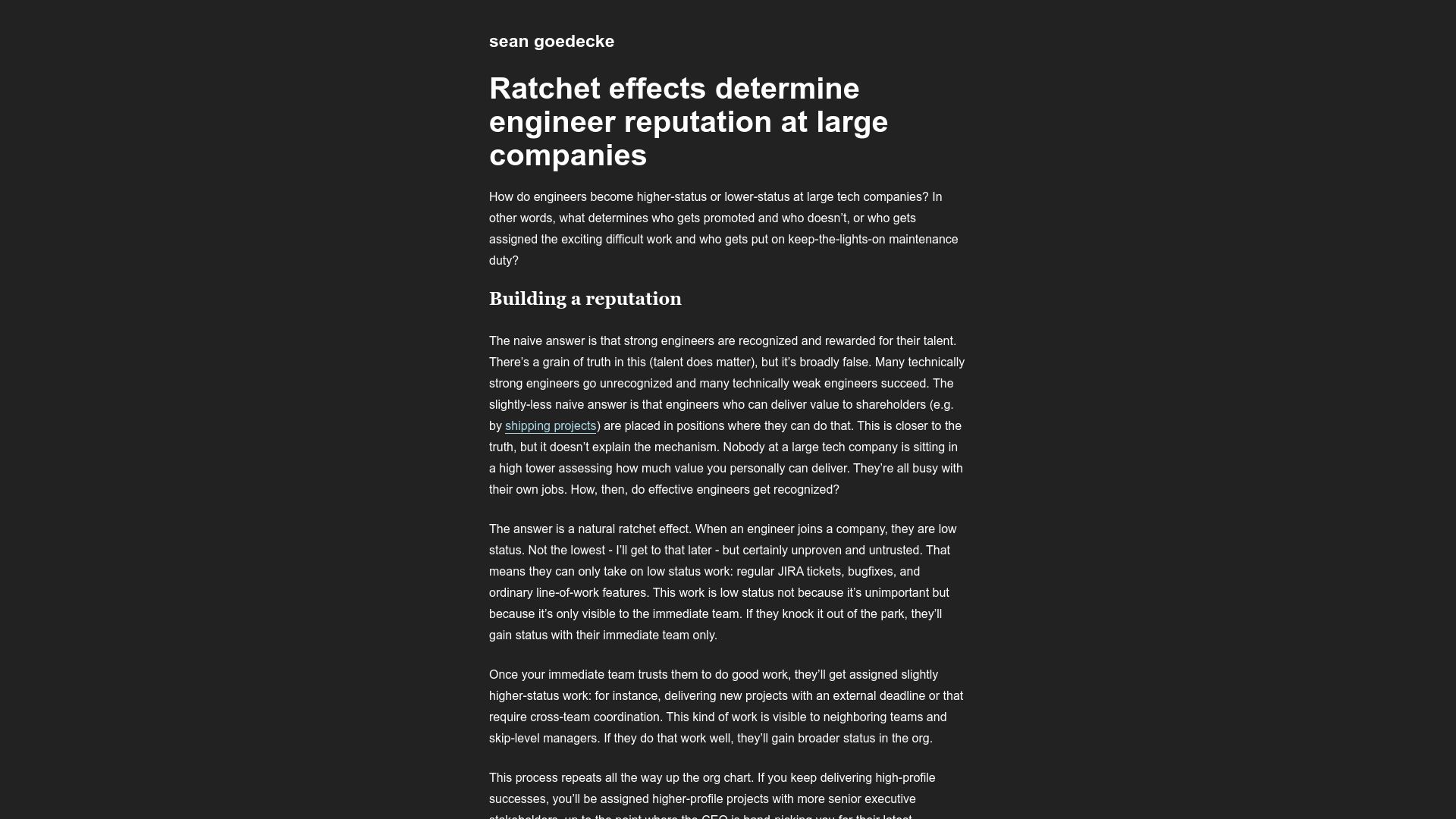 Screenshot of seangoedecke.com: Ratchet effects determine engineer reputation at large companies – sean goedecke