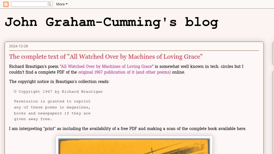 Screenshot of blog.jgc.org: The Complete Text of "All Watched over by Machines of Loving Grace"