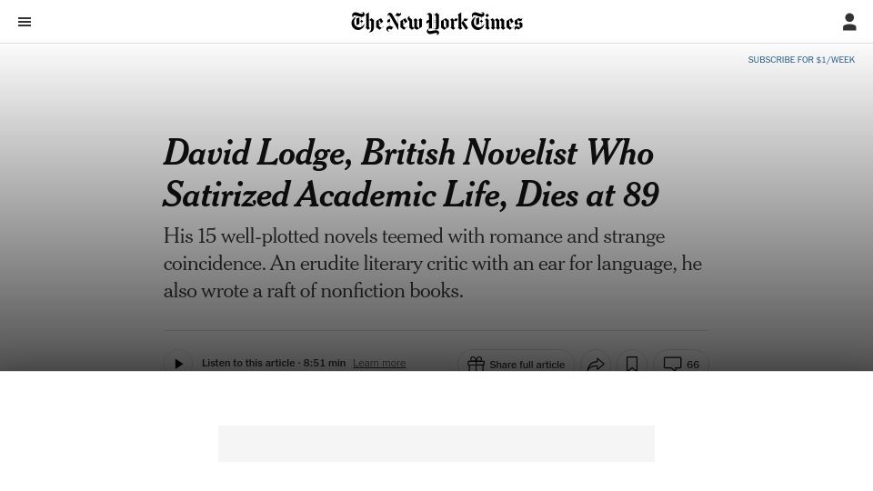 Screenshot of nytimes.com: David Lodge, British novelist who satirized academic life, has died