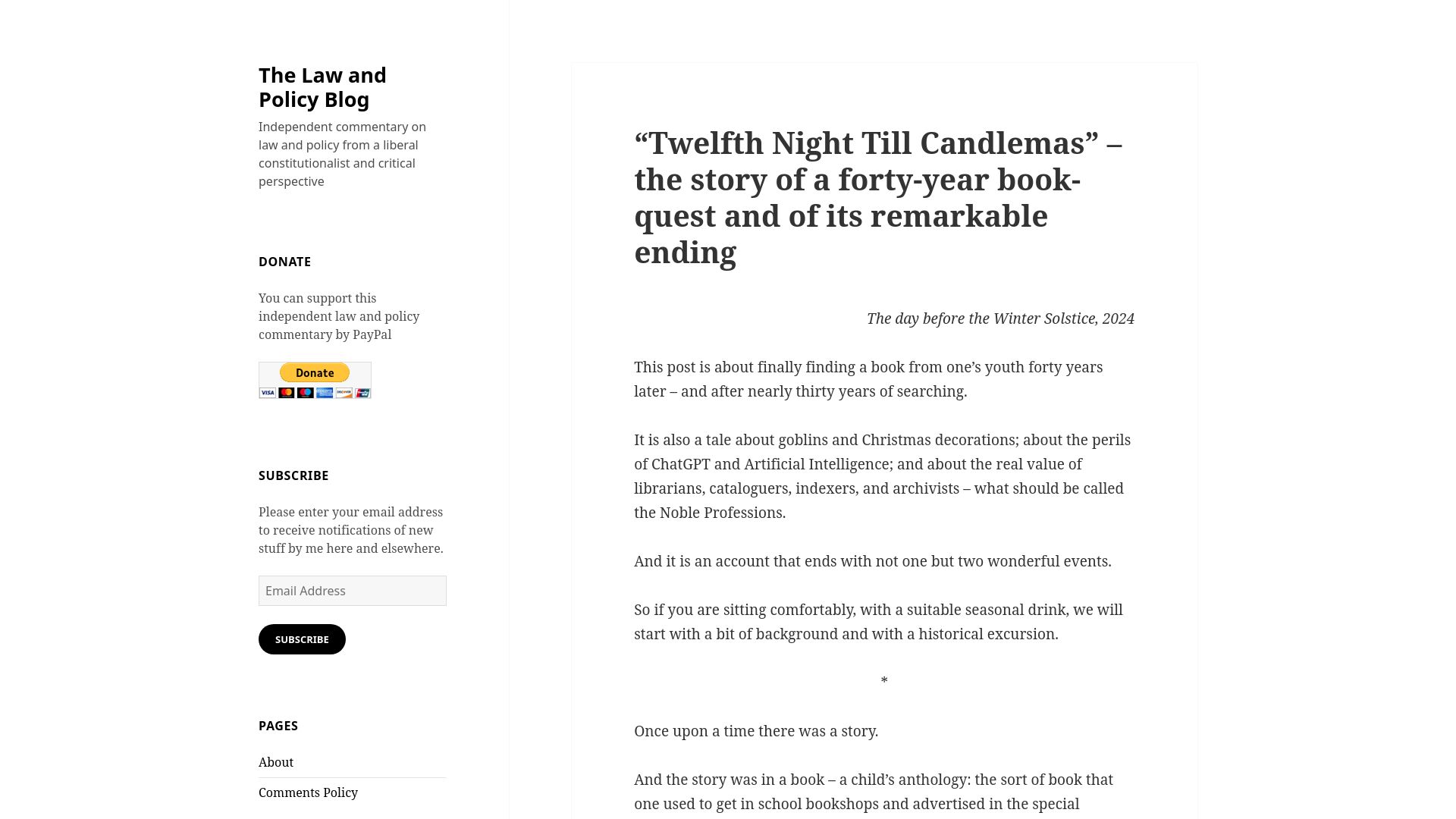 Screenshot of davidallengreen.com: "Twelfth Night Till Candlemas" – A 40-year book-quest