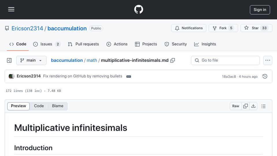 Screenshot of github.com: Multiplicative Infinitesimals