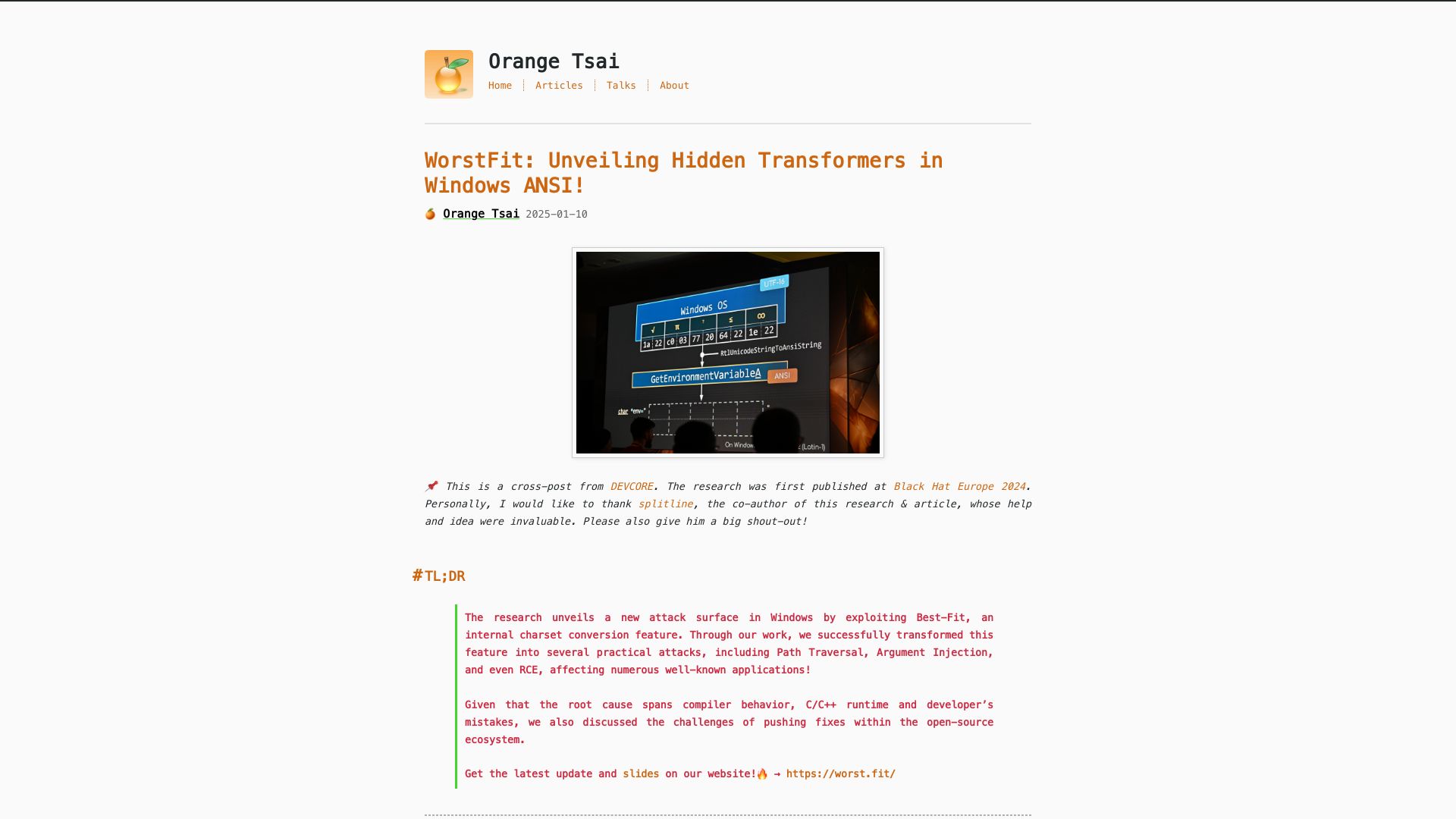 Screenshot of blog.orange.tw: WorstFit: Unveiling Hidden Transformers in Windows ANSI