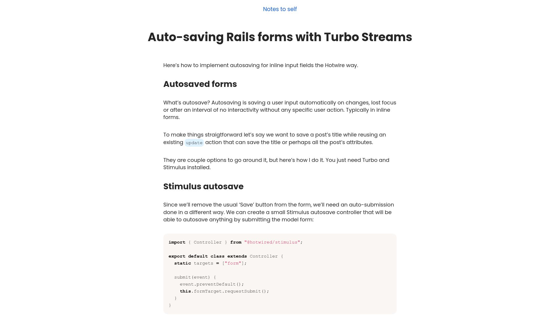 Screenshot of nts.strzibny.name: Auto-saving Rails forms with Turbo Streams