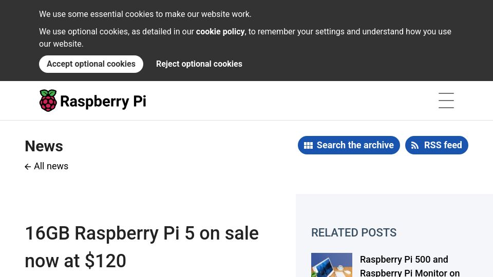 Screenshot of raspberrypi.com: New 16GB Raspberry Pi 5 on sale now at $120