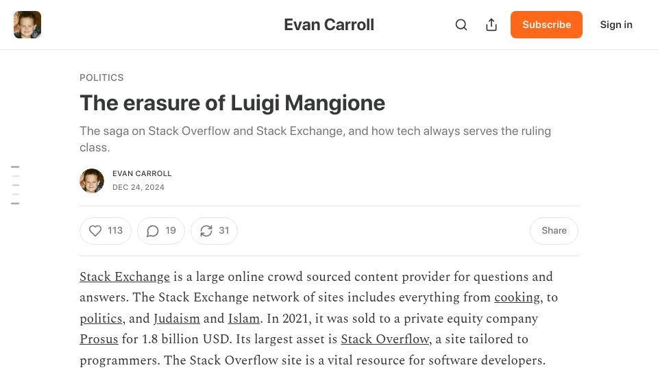Screenshot of substack.evancarroll.com: Luigi Mangione's account has been renamed on Stack Overflow