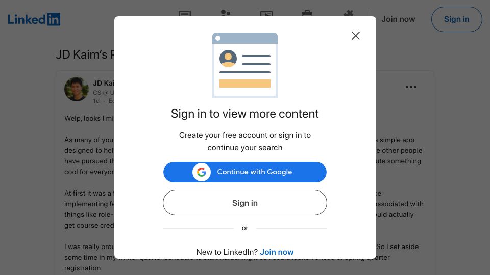 Screenshot of linkedin.com: I had to take down my course-swapping site or be expelled