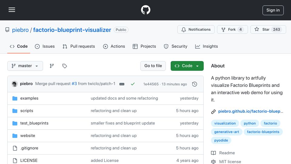 Screenshot of github.com: Show HN: Factorio Blueprint Visualizer