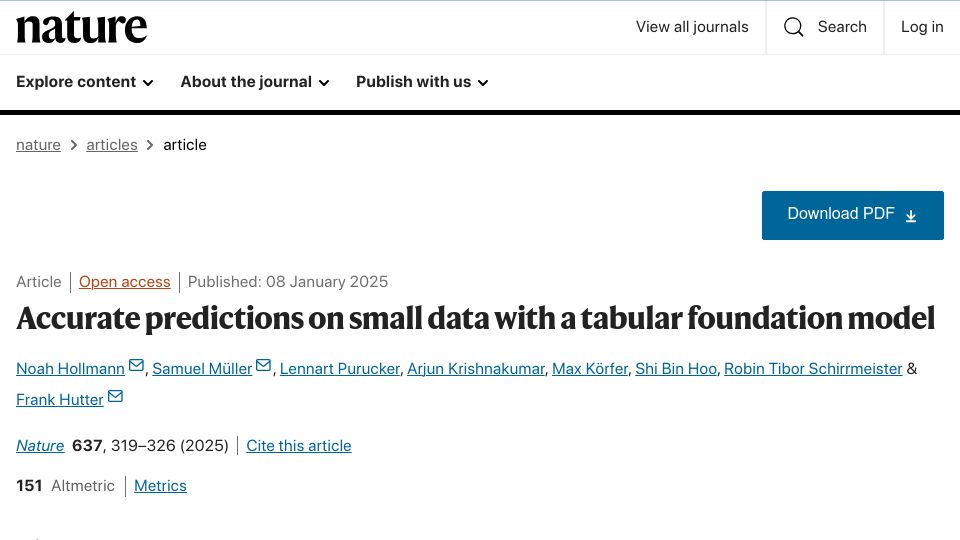 Screenshot of nature.com: Show HN: TabPFN v2 – A SOTA foundation model for small tabular data