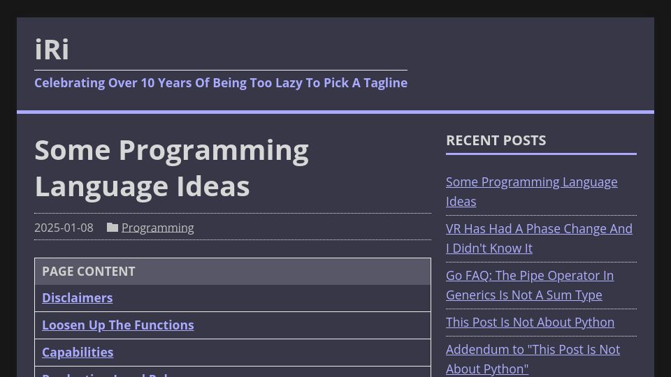 Screenshot of jerf.org: Some programming language ideas