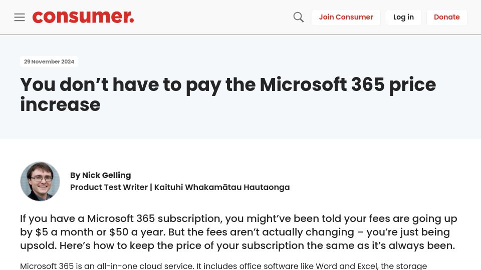 Screenshot of consumer.org.nz: You don't have to pay the Microsoft 365 price increase