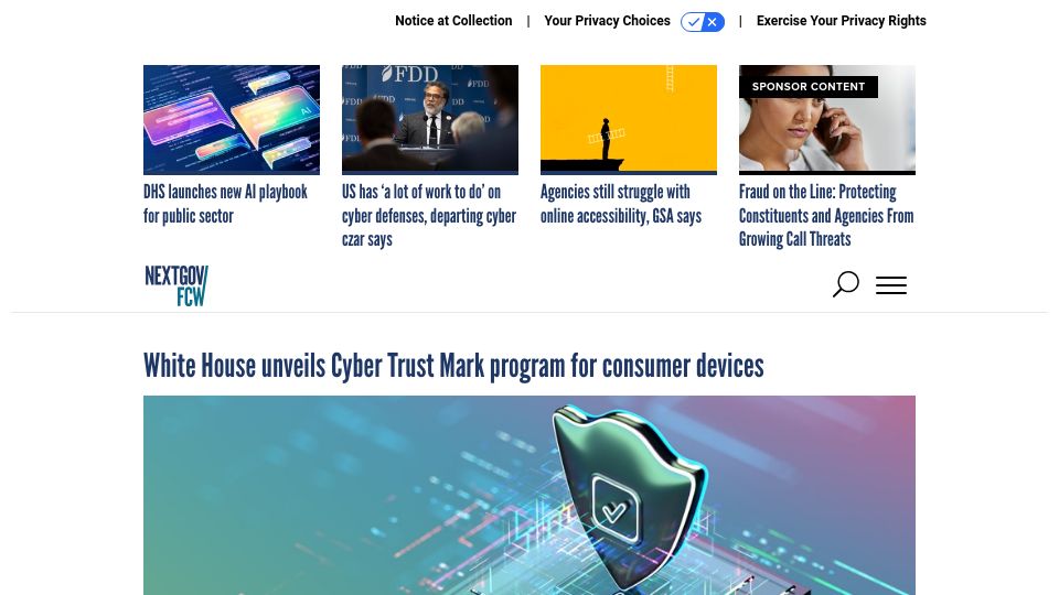 Screenshot of nextgov.com: White House unveils Cyber Trust Mark program for consumer devices