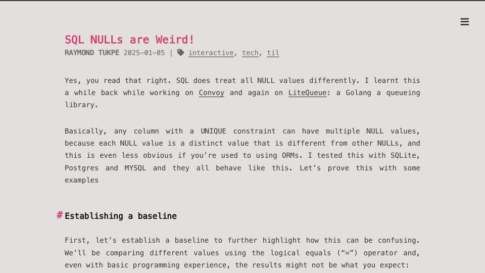 Screenshot of jirevwe.github.io: SQL nulls are weird
