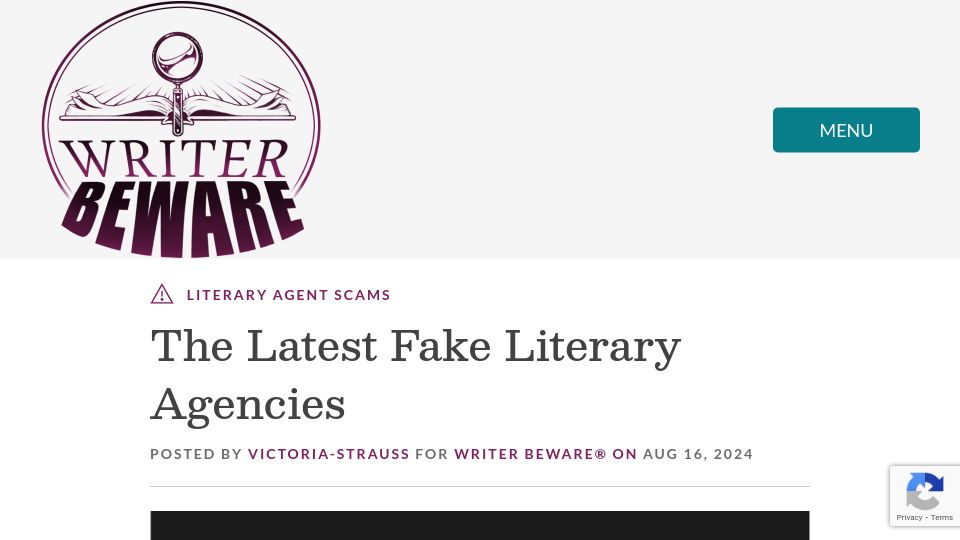Screenshot of writerbeware.blog: The Latest Fake Literary Agencies