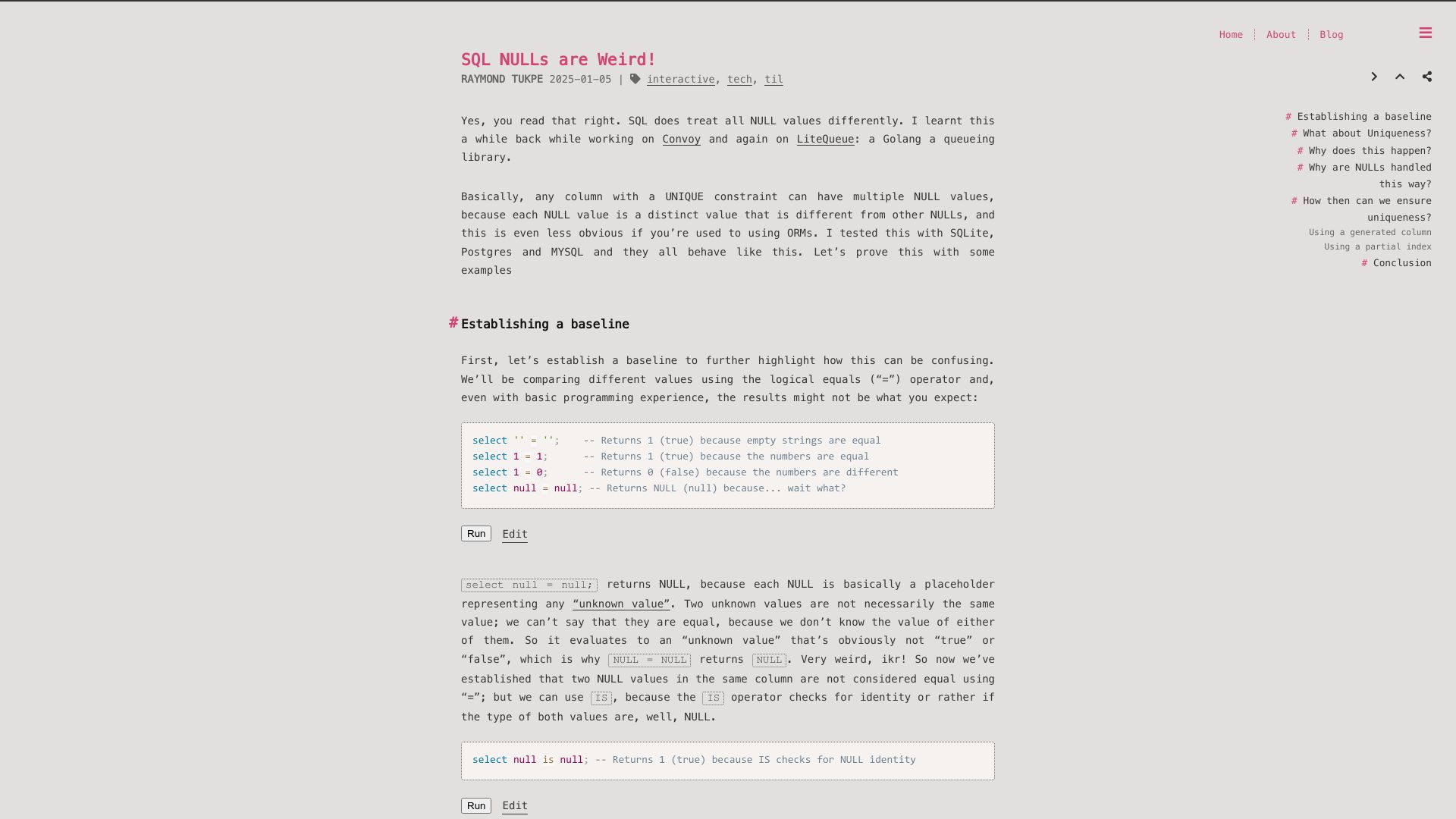 Screenshot of jirevwe.github.io: SQL nulls are weird