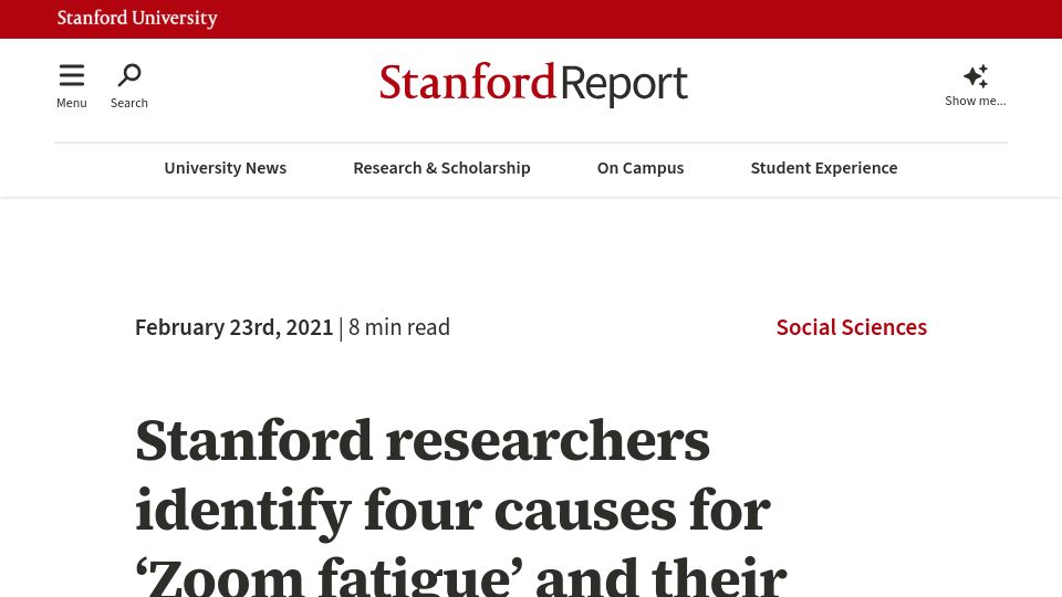 Screenshot of news.stanford.edu: Four causes for 'Zoom fatigue' (2021)