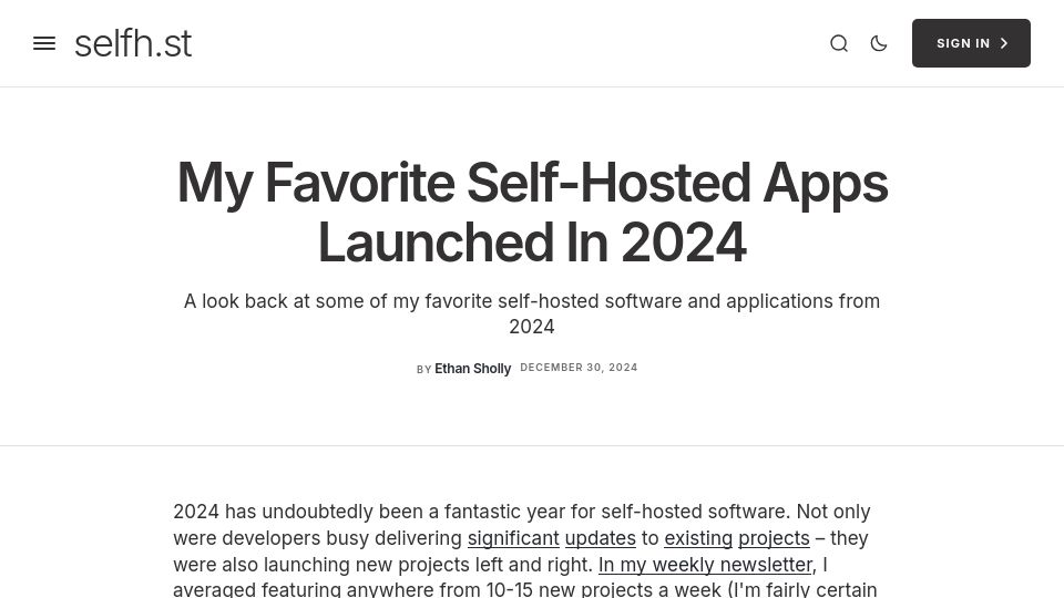 Screenshot of selfh.st: My Favorite Self-Hosted Apps Launched in 2024