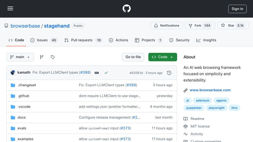 Screenshot of github.com: Show HN: Stagehand – an open source browser automation framework powered by AI