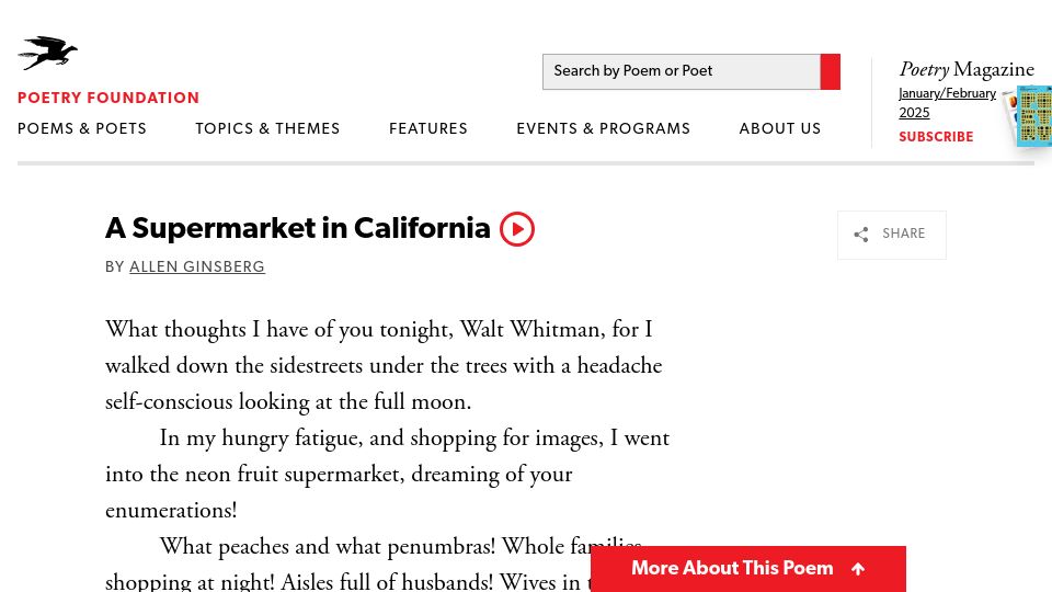 Screenshot of poetryfoundation.org: A Supermarket in California (1955)