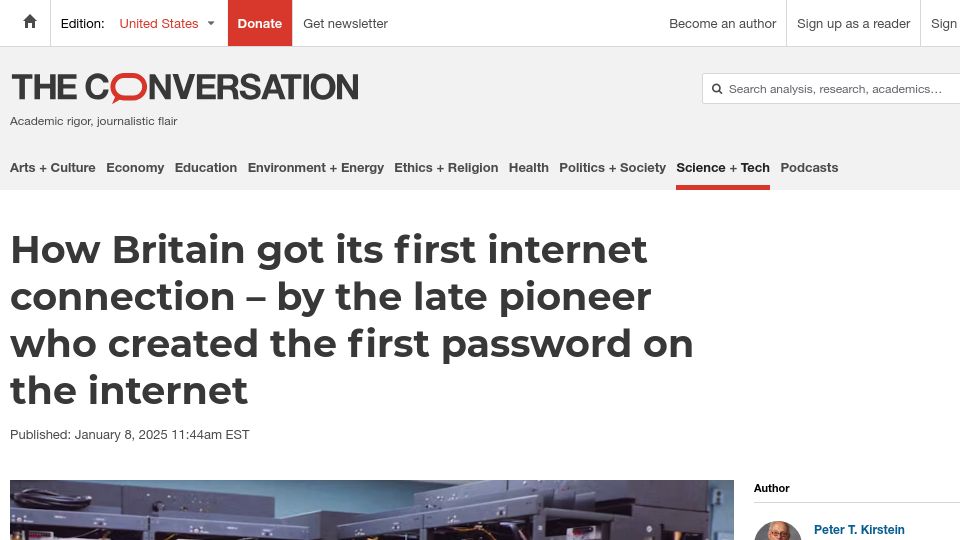 Screenshot of theconversation.com: How Britain got its first internet connection (2015)