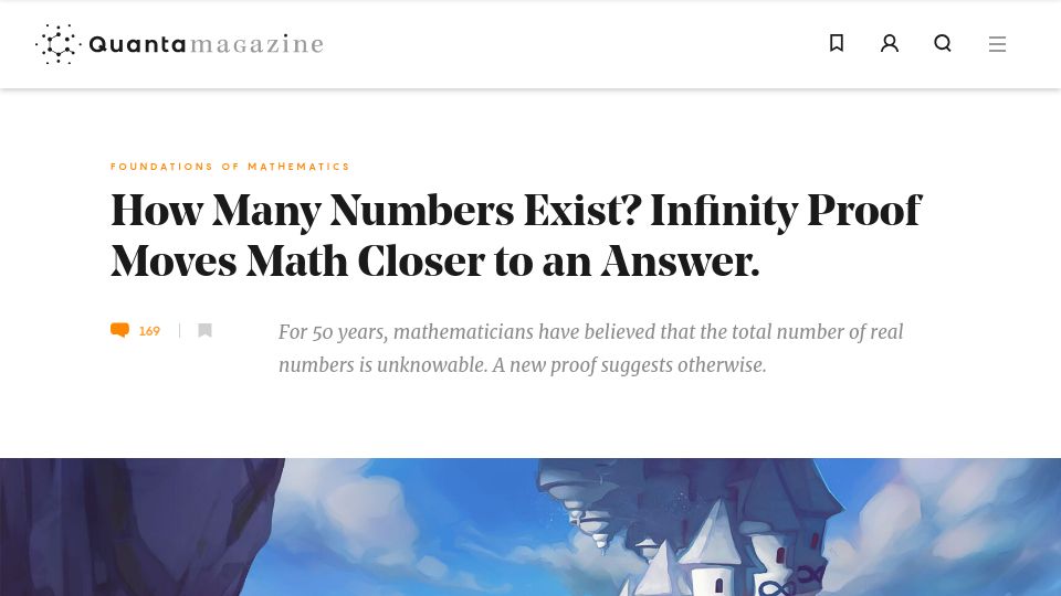 Screenshot of quantamagazine.org: How many real numbers exist? New proof moves closer to an answer (2021)