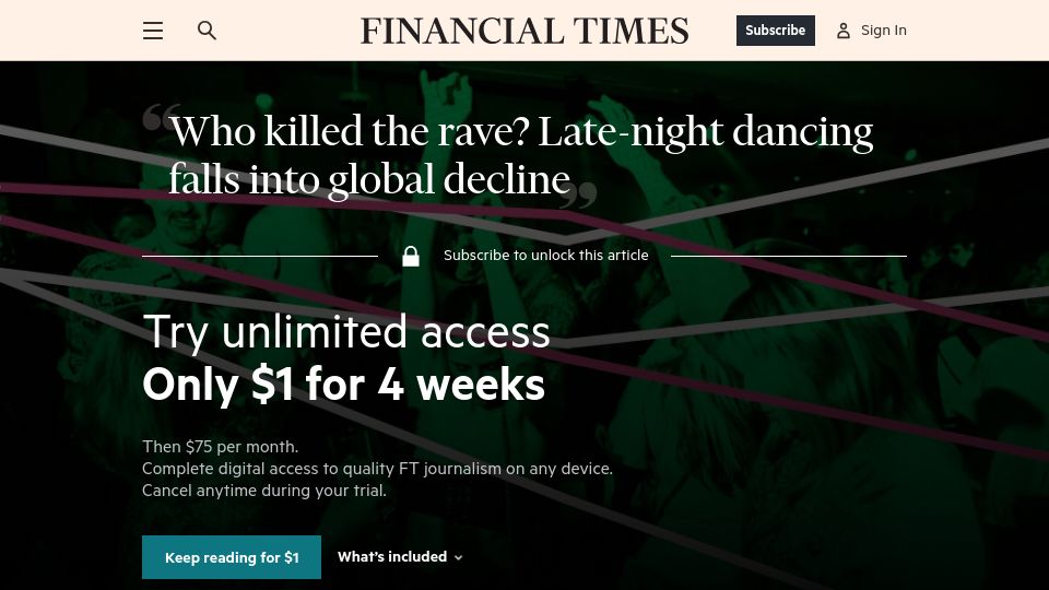 Screenshot of ft.com: Who killed the rave?